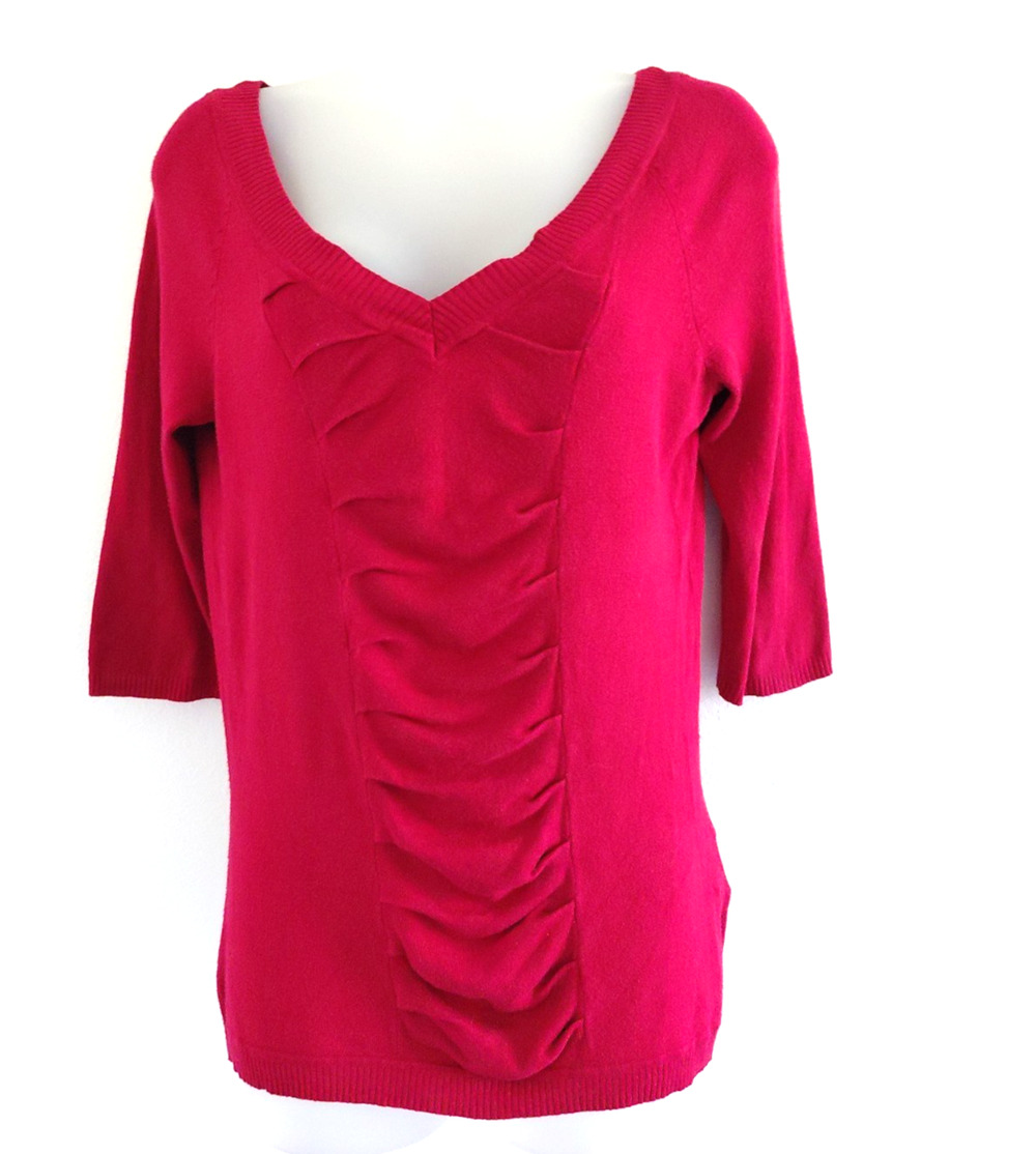 Y2K le chateau Fitted Red Knit Deep V Front + Back 3/4 Sleeve Sweater S Preppy